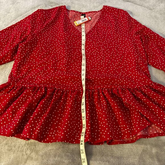 shein curve red polka white dot vneck long sleeve peplum flowy blouse lady bug - Picture 6 of 7
